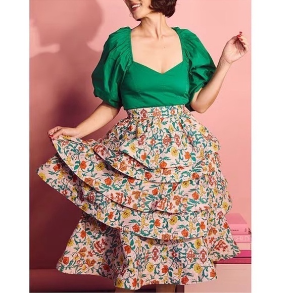 Buru Teagan Floral Print Tiered Ruffle Midi Pocketed A-Line Skirt and Top Set XS - Picture 2 of 16